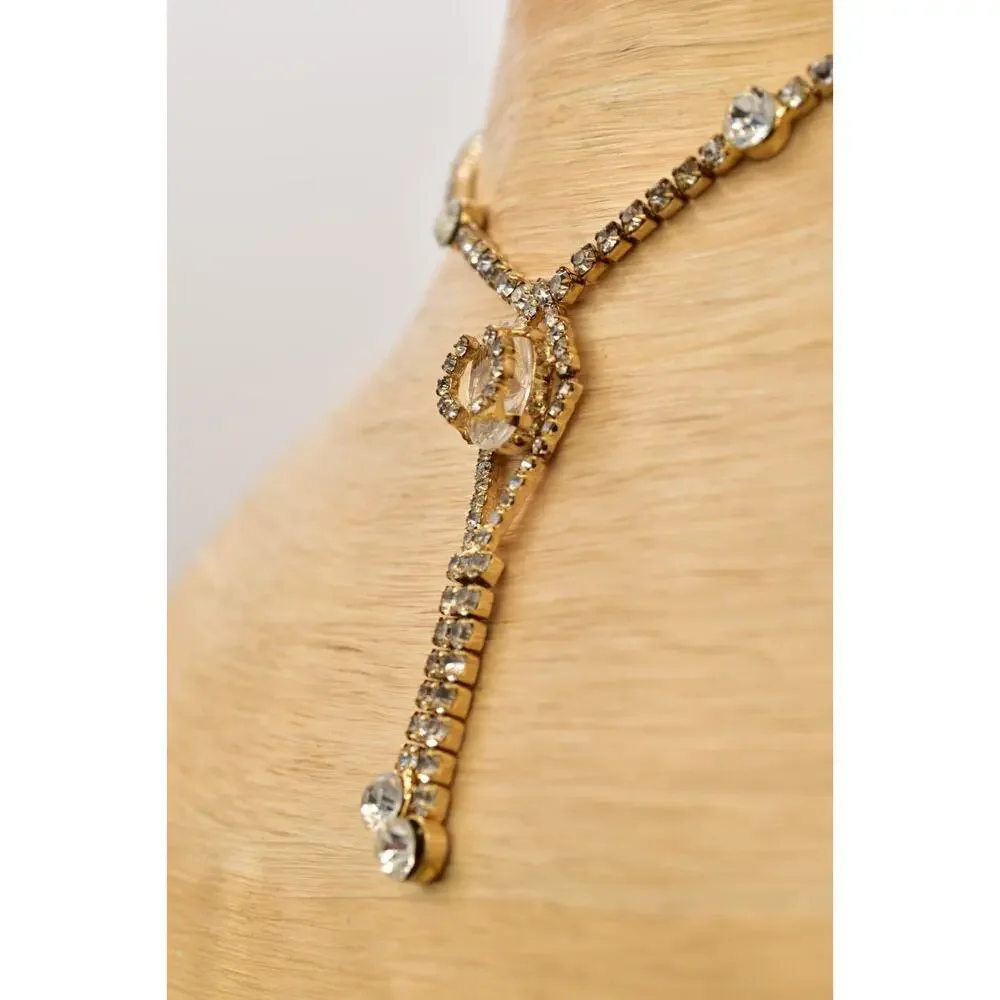 Vintage Crystal Collar Necklace Y Drop Prong Rhinestone Gold Tone Shiny BinBD